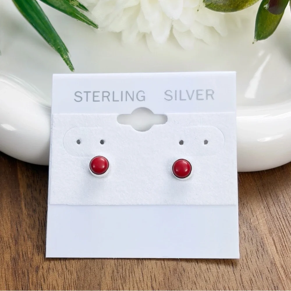 Red Coral Earrings Pure Sterling Silver 925 Gemstone Stud Post Push Back Round - Picture 2 of 8